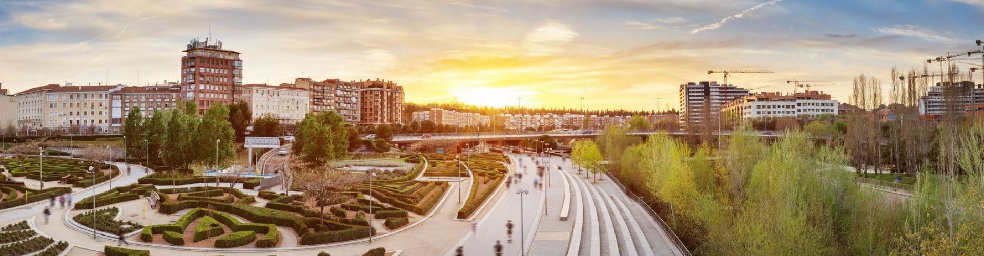 Panoramic top view of the park Madrid Rio from Puente de Toledo, Spain. Beautiful cityscape.