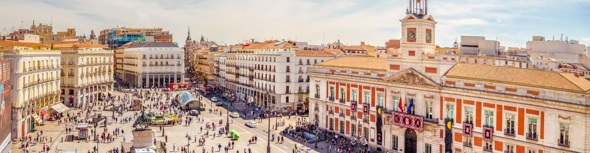 The Puerta del Sol square is the main public square in the city of Madrid, Spain. In the middle of the square is located the office of the President of the Community of Madrid.
